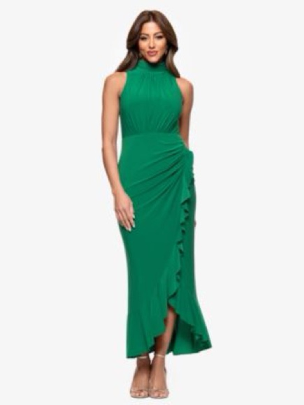 Xscape Emerald Green Ruched Ruffle Dress Size 8 NWT